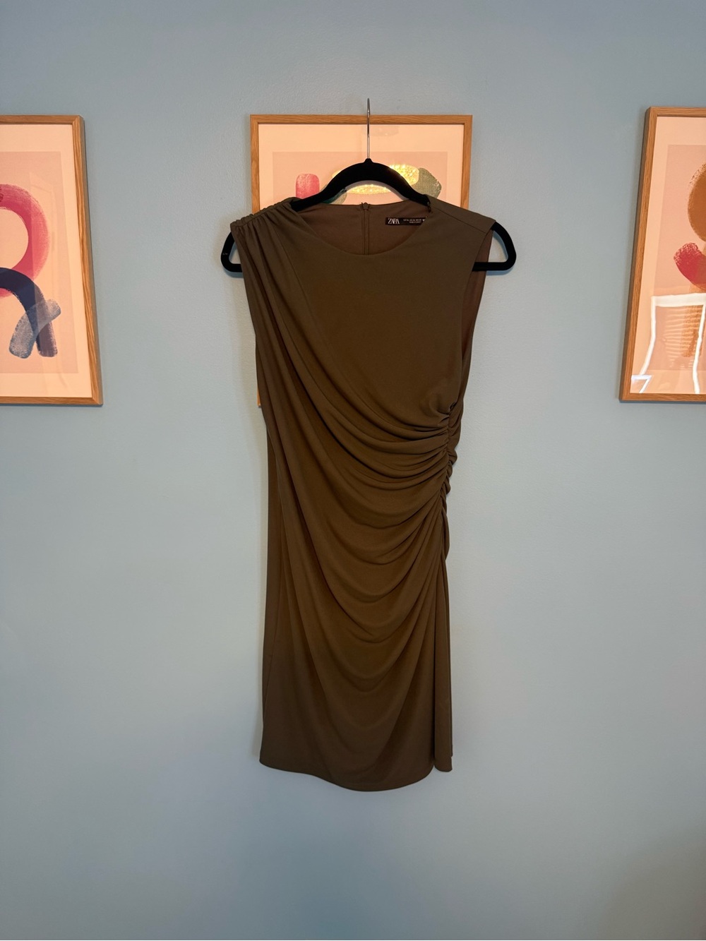 Zara Olive Green Ruched Sleeveless Midi Dress